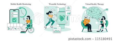 Health Technology set. Showcasing mobile health monitoring, wearable devices, and virtual reality therapy. Digital healthcare innovation. Vector illustration. 115180491