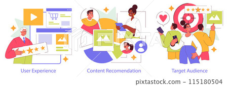 Customer Engagement set. Illustrating user experience, content recommendation, and target audience strategies. Characters interact with digital content achieving business goals. Vector illustration. Customer Engagement set. Illustrating user experience, content recommendation, and target audience strategies. Characters interact with digital content achieving business goals. Vector illustration. 115180504