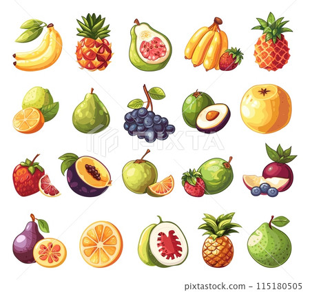 Cartoon Different Types of Fruits and Berries Icons Set. Simple Vector Cartoon Style. White Background. Apple Orange Banana Strawberry Pineapple Illustration Cartoon Different Types of Fruits and Berries Icons Set. Simple Vector Cartoon Style. White Background. Apple Orange Banana Strawberry Pineapple Illustration 115180505