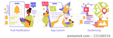 Branded App set. Engaging users with push notifications, celebrating a new app launch, and exploring geofencing technology. Vector illustration. 115180510