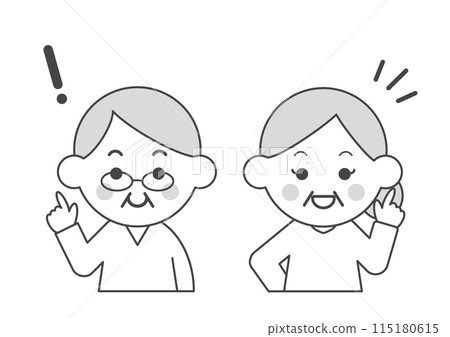 Monochrome illustration of a smiling senior couple pointing Monochrome illustration of a smiling senior couple pointing 115180615