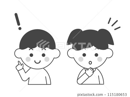 一個男孩指著，一個女孩注意到的單色插圖 115180653