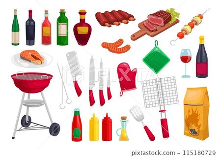 Cartoon bbq grill elements. Bbq party equipment, preparing grilled ribs beef steak skewer vegetables wine chef grills cook tools outdoor picnic dinner ingenious vector illustration 115180729