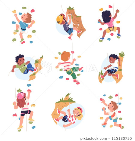 Kids climbing. Children climb on rock wall youth extreme active sport, child mountaineering cartoon kid strength climber effort mount challenge courage, classy vector illustration 115180730