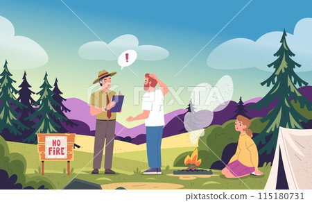 Forest fire law. Park ranger forester issues fine to people breaking preserve wildlife environment, rangers tree guard force and campfire fire Forest fire law. Park ranger forester issues fine to people breaking preserve wildlife environment, rangers tree guard force and campfire fire 115180731