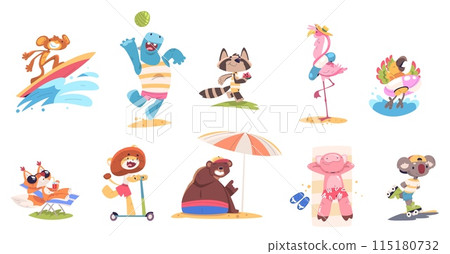 Cartoon animals summer resting. Funny cute animal in travelling beach vacation, wildlife surfing sea activity baby zoo mascot bear monkey pig flamingo, classy vector illustration Cartoon animals summer resting. Funny cute animal in travelling beach vacation, wildlife surfing sea activity baby zoo mascot bear monkey pig flamingo, classy vector illustration 115180732