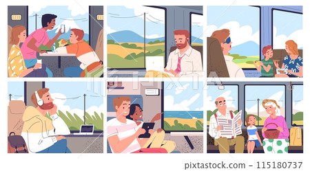 People travel train. Happy tourist couple or friends ride in summer vacation inside railway transport looking window, sitting passengers commuting trip, classy vector illustration People travel train. Happy tourist couple or friends ride in summer vacation inside railway transport looking window, sitting passengers commuting trip, classy vector illustration 115180737