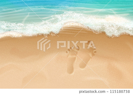 Realistic beach footprint. Family foot print in sea shore sand, dad son mom feet tracks mark on coastline, summer season travel holiday vacation concept exact vector illustration Realistic beach footprint. Family foot print in sea shore sand, dad son mom feet tracks mark on coastline, summer season travel holiday vacation concept exact vector illustration 115180738