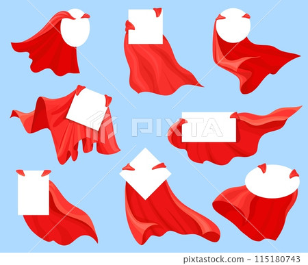 Red cape badges. Superhero capes labels, isolated flying fashion satin cloth blank emblems business sale prices, super hero magician cloak Red cape badges. Superhero capes labels, isolated flying fashion satin cloth blank emblems business sale prices, super hero magician cloak 115180743