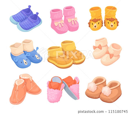Baby booties. Child knitting socks toddler booty shoes, child boots infant knitted shoe babies shower gift for pregnant, newborn little footwear, cartoon neat vector illustration Baby booties. Child knitting socks toddler booty shoes, child boots infant knitted shoe babies shower gift for pregnant, newborn little footwear, cartoon neat vector illustration 115180745