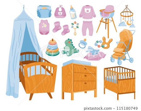 Nursery accessories. Newborn objects baby shower stuff, infant birth necessary tool children home crib toddler bib pajama clothes and toys kid items Nursery accessories. Newborn objects baby shower stuff, infant birth necessary tool children home crib toddler bib pajama clothes and toys kid items 115180749
