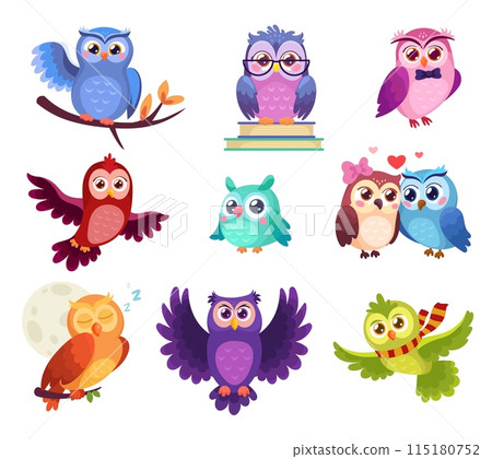 Comic owlet. Cartoon funny owl cute bird characters, face expression happy kid young owls big eye forest animal creature, childish adorable owlets set ingenious vector illustration Comic owlet. Cartoon funny owl cute bird characters, face expression happy kid young owls big eye forest animal creature, childish adorable owlets set ingenious vector illustration 115180752