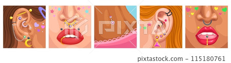 Pierced portraits. Piercings face girl character, beauty modern woman jewelry piercing ring in nose or ears cartoon characters faces close up portrait ingenious vector illustration 115180761