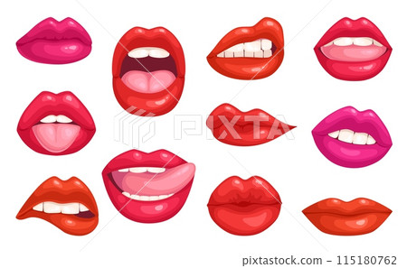 Plump lips. Shine glossy sexy pout lip in red lipstick, smile closed open woman mouth licking tongue, female kiss glamour girl cosmetic makeup cartoon ingenious vector illustration 115180762
