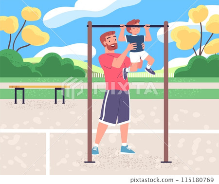 Son on horizontal bar. Dad training child in outdoor gym, father help toddler catch up exercise, parent sport school family workout sporting playground classy vector illustration 115180769