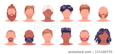 Mens hairstyles. Men handsome haircut or wig, modern beard moustache hair shape style, bald man hipster quaff guy portrait barber hairstyling Mens hairstyles. Men handsome haircut or wig, modern beard moustache hair shape style, bald man hipster quaff guy portrait barber hairstyling 115180770