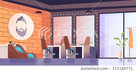 Barbershop interior. Hairdresser table inside beauty salon parlour room, barber chair workplace furniture hairstylist equipment for haircut, hairdressing classy vector illustration 115180771