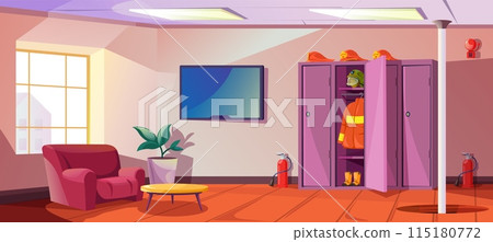 Fire station interior. Cartoon firehouse indoor firefighter station, empty fireman relax room with steel pole, locker for boots helmet armchair and tv, recent vector illustration 115180772