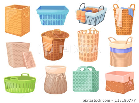 Cartoon laundry baskets. Plastic round basket or empty hamper dirty cloths, square container box home storage heap clothing for washing, things hampers set neat vector illustration 115180777