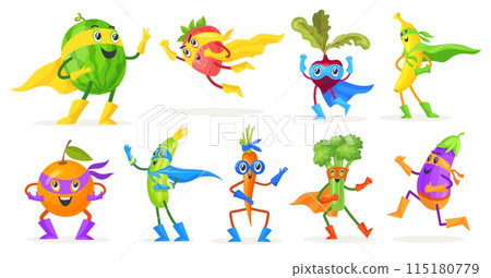 Superhero fruits and vegetables. Super fruit or vegetable hero cartoon characters, funny cute childish silly mascot banana orange vegan food fun character, neat vector illustration 115180779