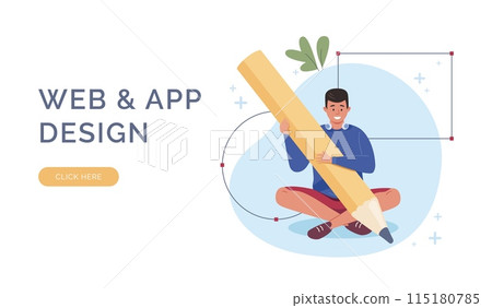 Man making redesign. Guy character with big pencil creating redesigning website, content illustrator ux designer creation ui visual application graphic project vector illustration 115180785