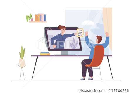 Graduate distant education. Happy man received diploma digital certificate from online school teacher in computer screen, business web course elearning student vector illustration 115180786