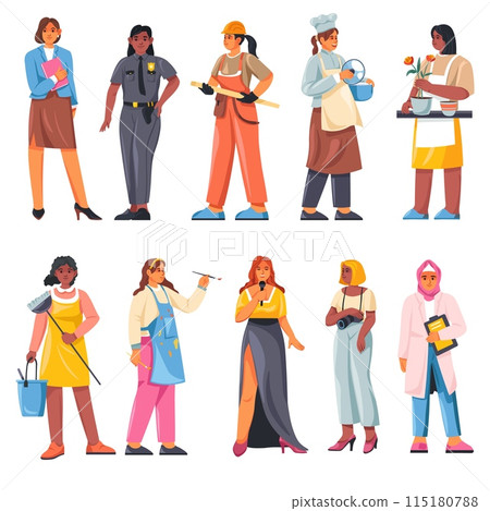 Women different professions. Woman occupations, female profession characters in professional worker uniform lady career builder teacher police cook job, recent vector illustration Women different professions. Woman occupations, female profession characters in professional worker uniform lady career builder teacher police cook job, recent vector illustration 115180788