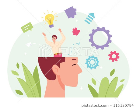 Head clearing. Man clean giant brain, person throws out your thoughts memory cleaning self mind consciousness care, cleanse mental space inner order think detox vector illustration 115180794
