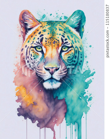 Watercolor Animal Illustration with Beautiful Wild Jaguar on White Background. Aquarelle Painted Style Safari or Zoo Wallpaper Hand Draw Graphic Design for Poster, Wall Art, Banner, Invitation or 115180837