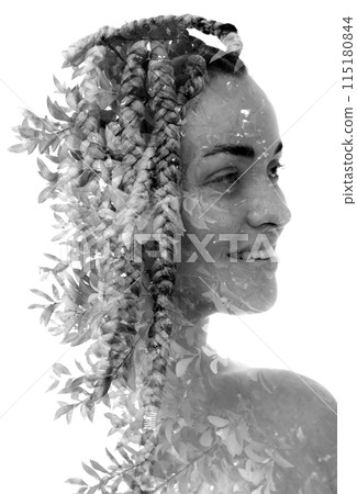 A double exposure portrait of a smiling girl against a white background A double exposure portrait of a smiling girl against a white background 115180844