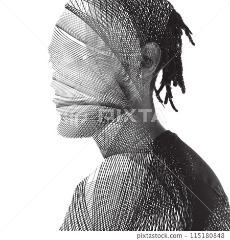 A 3D mesh double exposure portrait silhouette of a man 115180848