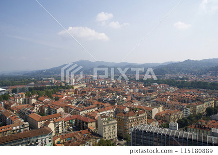 TURIN, ITALY - SEP 14, 2019: View of the old town of Turin from the visitors' terrace on the pavilion-like building Mole Antonelliana 115180889