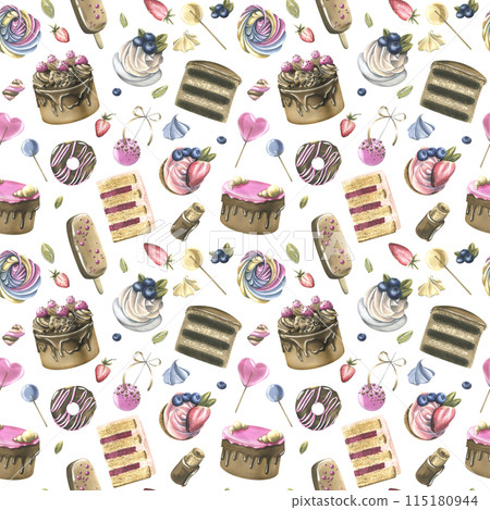 Cakes with brownies, donuts, marshmallows, lollipops, strawberries and blueberries. Watercolor illustration hand drawn. Seamless pattern on a white background 115180944