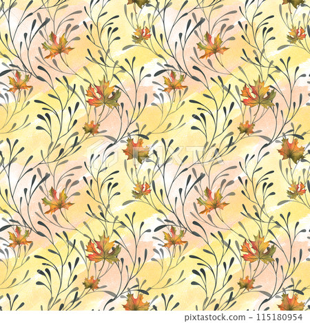 Autumn maple leaves are orange with graceful black branches. Hand drawn watercolor illustration. Seamless pattern simple on yellow and pink background Autumn maple leaves are orange with graceful black branches. Hand drawn watercolor illustration. Seamless pattern simple on yellow and pink background 115180954