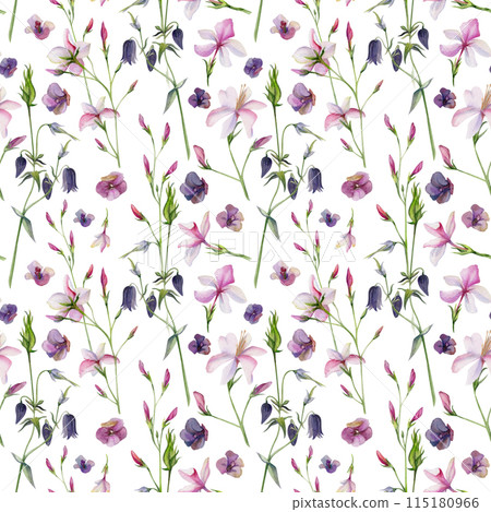 Hand drawn watercolor illustration shabby boho botanical leaves. Pink lobelia jasmine orange flower impatiens. Seamless pattern isolated on white background. Design wedding, love cards, gift paper Hand drawn watercolor illustration shabby boho botanical leaves. Pink lobelia jasmine orange flower impatiens. Seamless pattern isolated on white background. Design wedding, love cards, gift paper 115180966