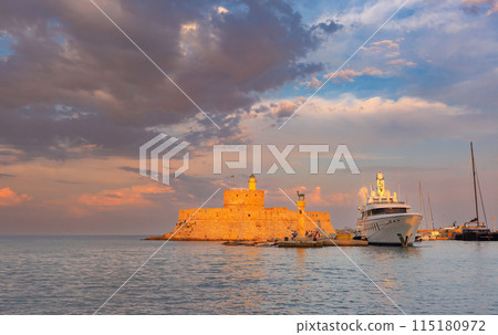 Mandraki Harbor at Sunset, Rhodes, Greece 115180972