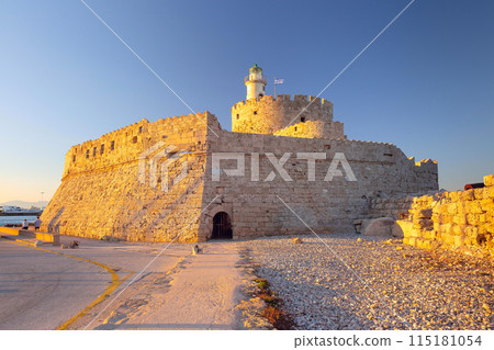 Fort of St Nicholas at sunset in Rhodes, Greece Fort of St Nicholas at sunset in Rhodes, Greece 115181054