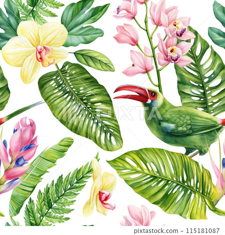 Floral pattern, Seamless background bird, tropical leaves, flowers. Watercolor painting illustration Toucan and orchid 115181087