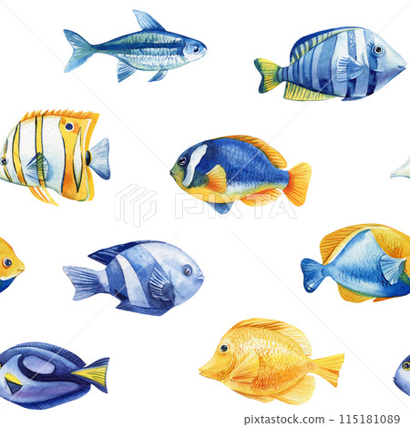 Marine seamless pattern with fish. Hand drawn watercolor background of sea fish Design for fabric, textile, wallpaper 115181089
