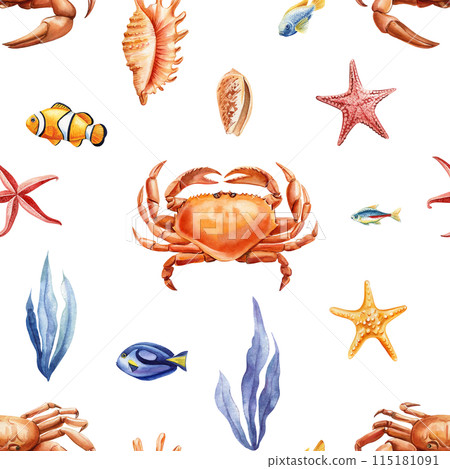 Seamless pattern marine animals. Seashells, crab, starfish and fish. Watercolor illustration. Summer marine Background 115181091