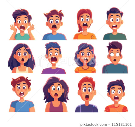 Surprise wow avatars cartoon vector set. Guys girls big eyes open mouth emotion fear shock strong reaction teenagers, illustrations isolated on white background 115181101
