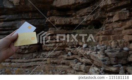 Against a picturesque landscape, a person is holding two credit cards in white and gold color, with a mountain in the background. 115181118