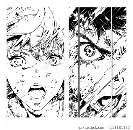 Rage character manga comic ink sketch vector posters. Guy girl anger speed power emotions close up face look anime monochrome gray tones concepts 115181123