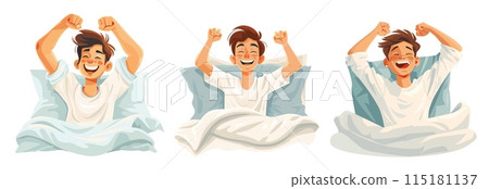 Morning waking up cartoon vector scenes. Young guy pillow blanket bed pajama hands rising smiling positive woken character, illustrations isolated on white background 115181137
