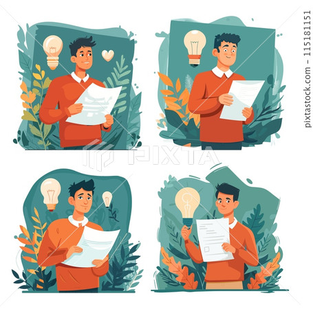 Intellectual property cartoon scenes vector set. Man holding document light bulb patent registration ideas copyright character, concepts isolated on white background 115181151