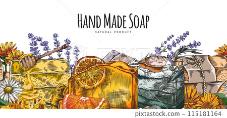 Handmade soap vector banner, hand drawn, text space. Handmade soap vector banner, hand drawn, text space. 115181164