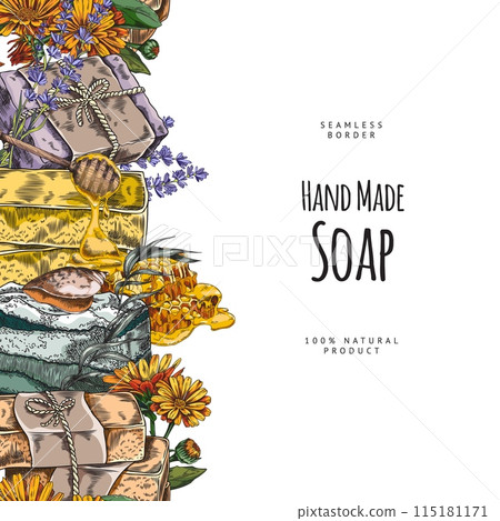 Vector poster with handmade soap with organic essence of chamomile, lilac, honey and rosemary 115181171