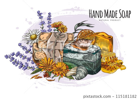 Vector handmade soap made from natural ingredients. Isolated background. Vector handmade soap made from natural ingredients. Isolated background. 115181182
