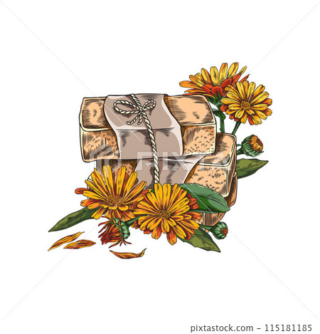 Vector illustration handmade soap with organic essence of flowers on a white background Vector illustration handmade soap with organic essence of flowers on a white background 115181185