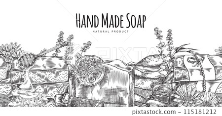 Vector frame design with handmade soap. Sketch drawn by hand. Vector frame design with handmade soap. Sketch drawn by hand. 115181212